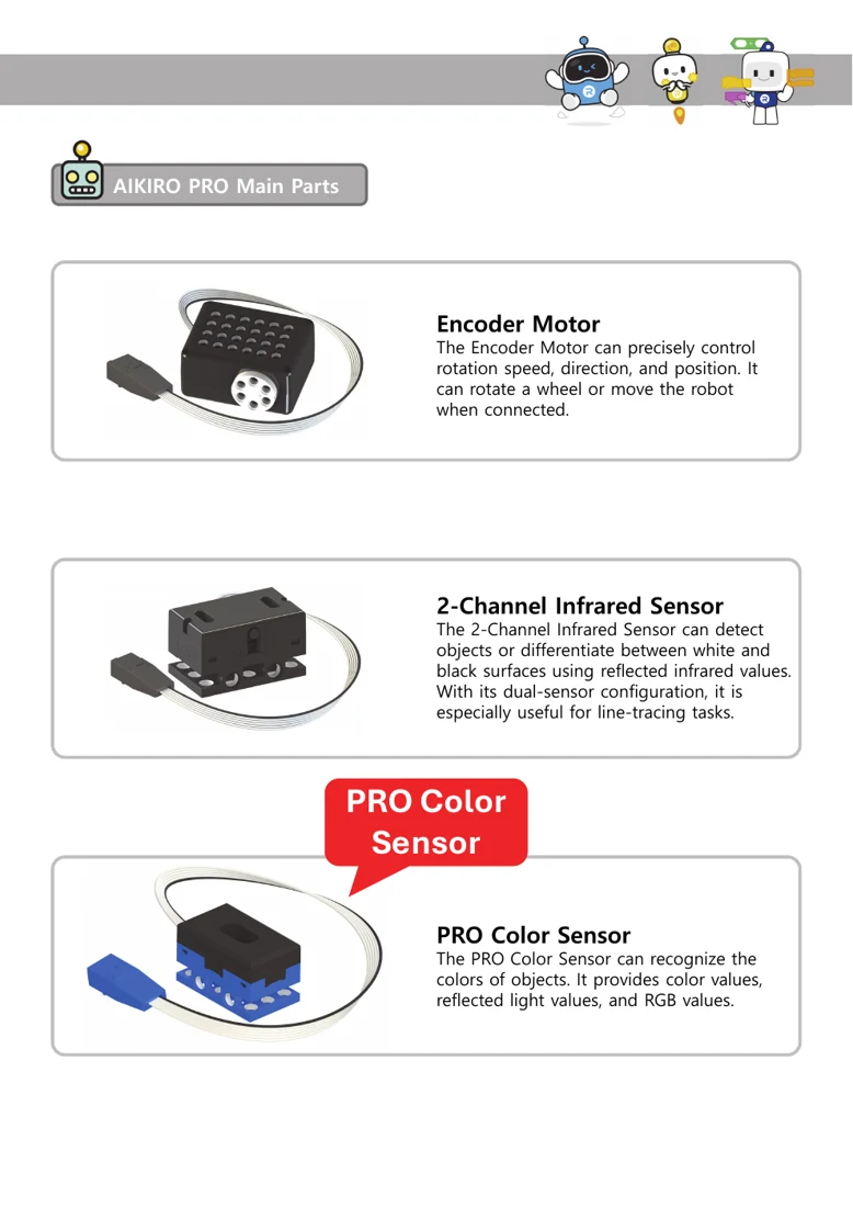 Motores con encoder, sensor infrarrojo de dos canales y sensor PRO de color: ilustraciones del manual.
